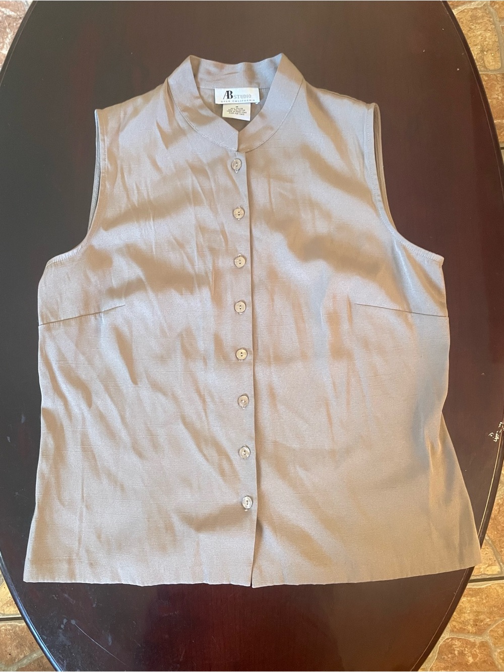 AB Studio Taupe Sleeveless Mandarin Collar Button-Front Top